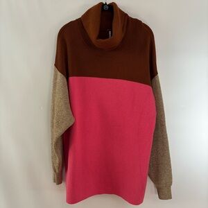 Free People Oversized Turtleneck Color Block Knit Balloon Sleeve Sweater Size L